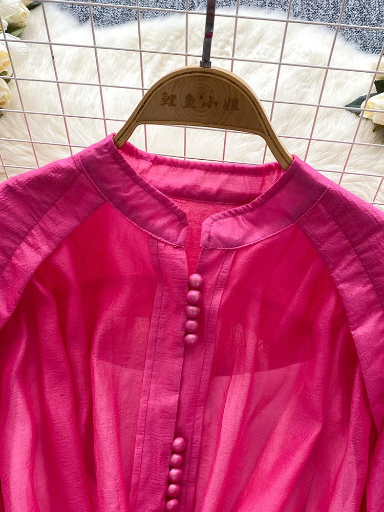 Summer Women's Puff Sleeve Shirt Dress Fashion Beach Vacation Party Birthday Blue White Exquisite Chiffon Mid Length Dress B06