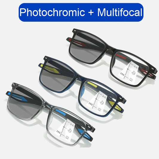 Color Changing Multifocal Presbyopia Glasses TR90 Sports Bifocal Near Far Sight Eyewear Finished Photochromic Reading Eyeglasses