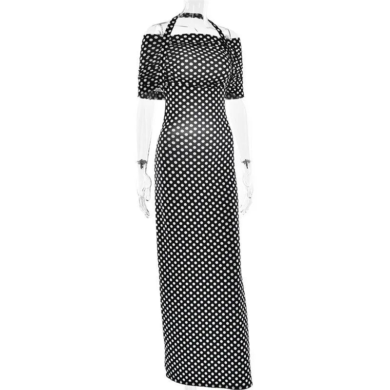 Mozision Off-shoulder Polka Dot Maxi Dress For Women Gown Fashion Halter Sleeveless Backless bodycon Split Long Dress Elegant