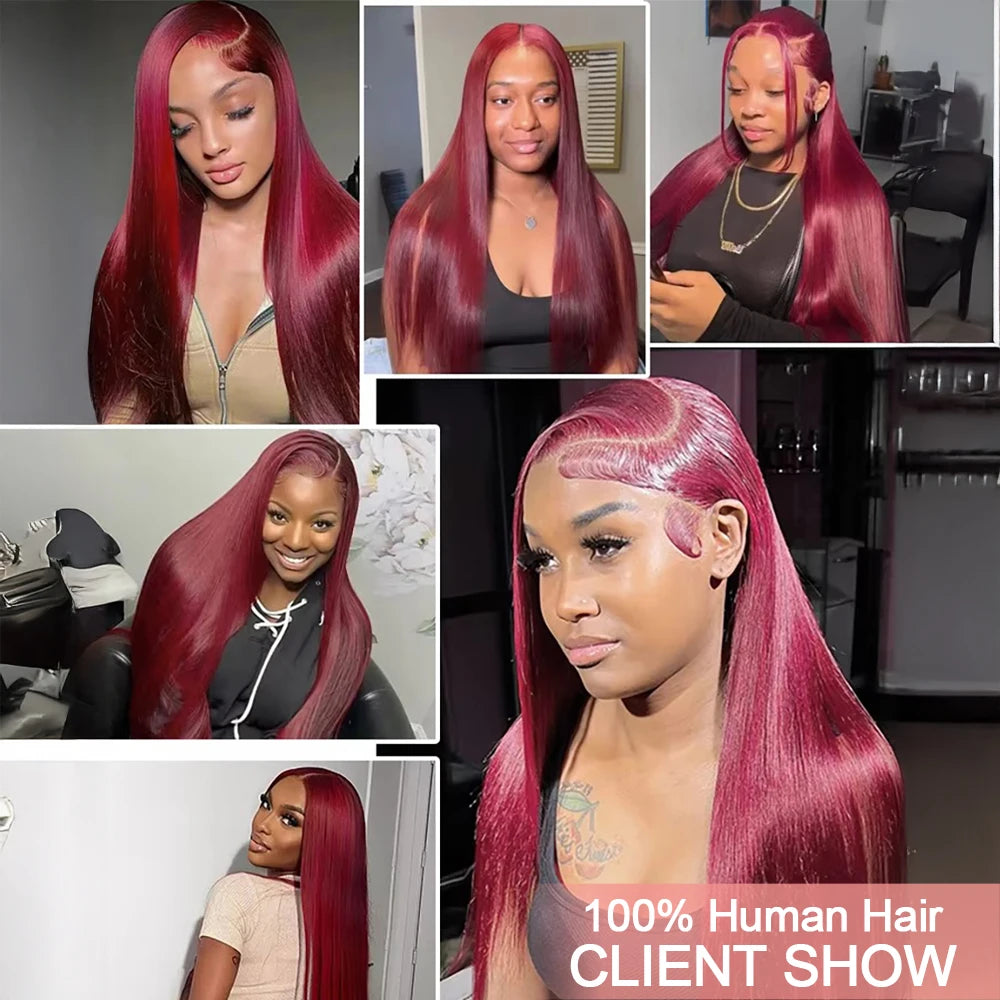 Burgundy Transparent Lace Frontal Human Hair Wig 7x5 Glueless Red 99J Straight Colored 13x4 Lace Front Human Hair Wigs For Women