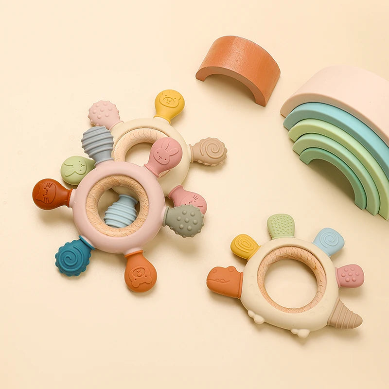 Cartoon Stegosaurus Baby Wooden Ring Silicone Teething Toys Easy to Grip Newborn Gift BPA Free Colorful Infant Chewing Molar Toy