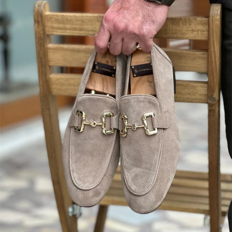 Loafers Men Shoes Black Beige Flock Round Toe Metal Decoration Men Dress Shoes Slip on Men Shoes