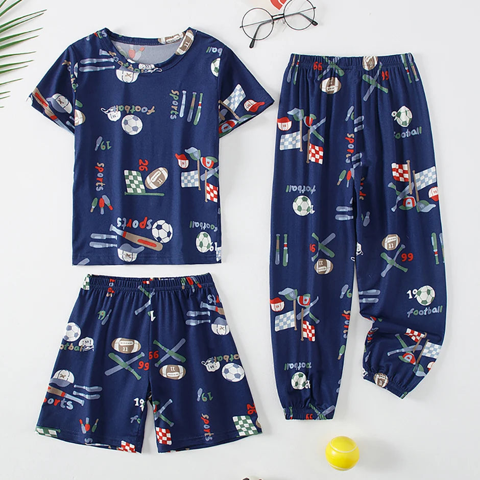 3-Piece Set of Children's Ball Printed Short-Sleeved Vest, Shorts, Pants Combination Set, Boys' Comfortable Pajamas Home Clothes