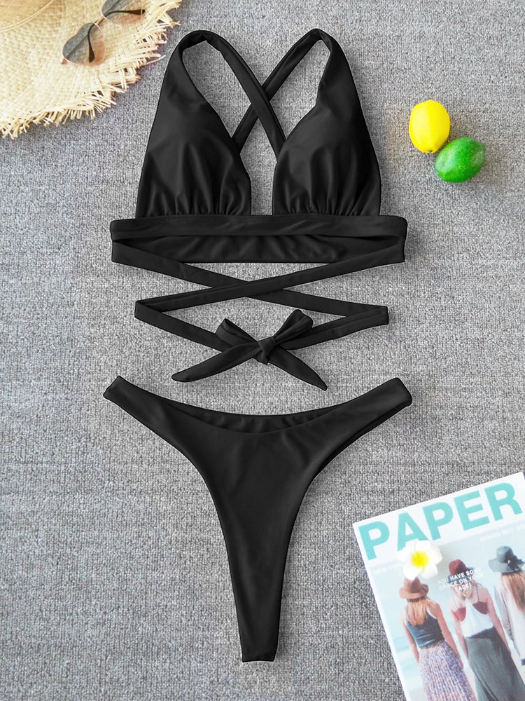 Sexy Bikini 2025 Solid Swimsuit Female Swimwear Women Push Up Bikini Set Cross Bandage Bathing Suit Beach Wear Swimming Suit