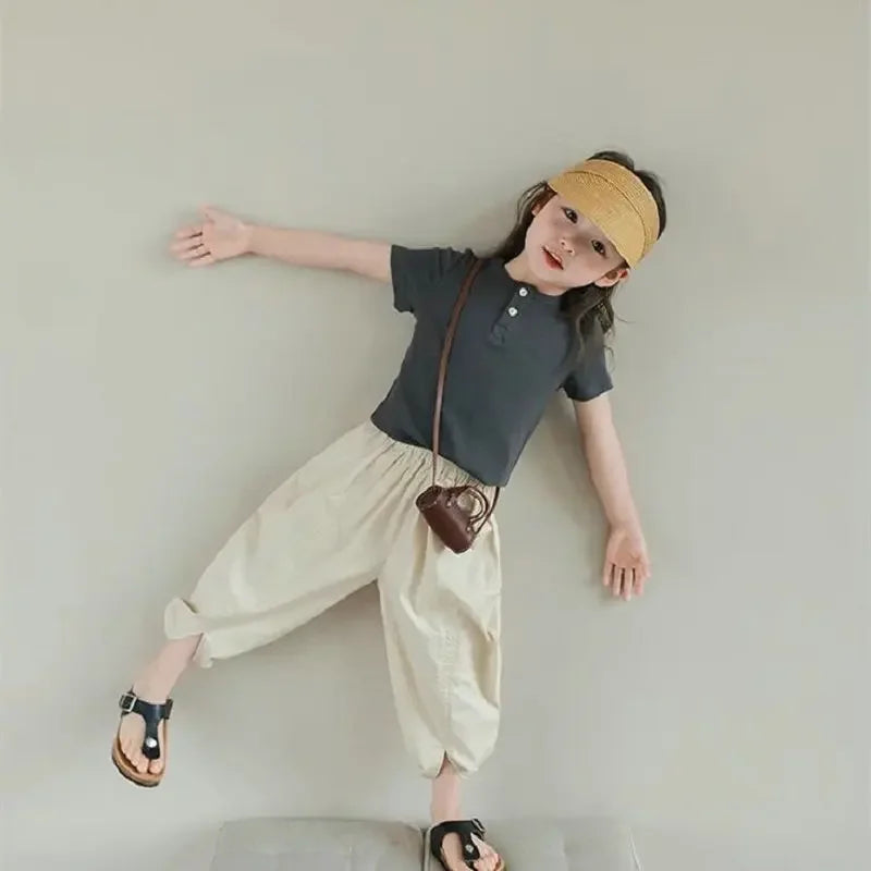Boys And Girls Pants Japanese Korean Style Casual Loose Lantern Trousers Cropped Pants Summer Fashionable Children's Clothing