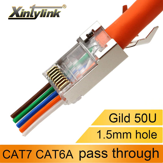 xintylink CAT7 rj45 connector 50U CAT6A ends ethernet cable plug network 10G SFTP FTP shielded lan jack pass through 1.5MM hole