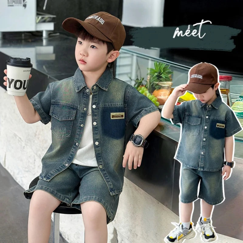 2025 Trendy Boys' Denim Set Vintage Wash Short Sleeve Shirt & Shorts 2-Piece Summer Outfit