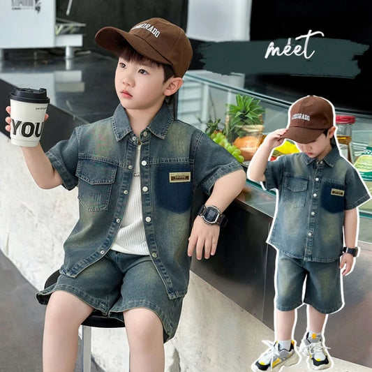 2025 Trendy Boys' Denim Set Vintage Wash Short Sleeve Shirt & Shorts 2-Piece Summer Outfit