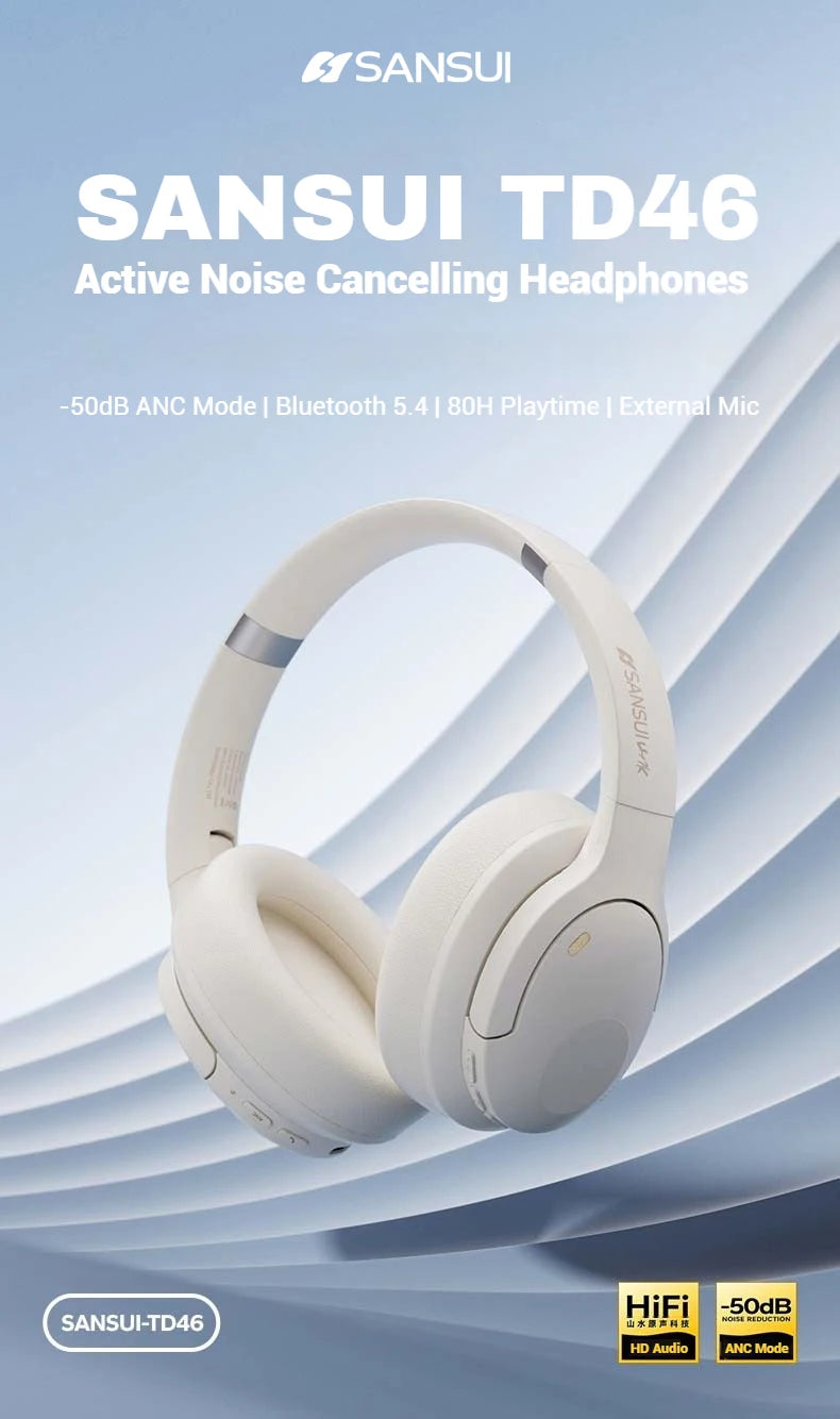 Sansui 50dB ANC Wireless Bluetooth 5.4 Headphone Over-Ear Earphone with Detachable Microphone Active Noise Cancellation Headsets