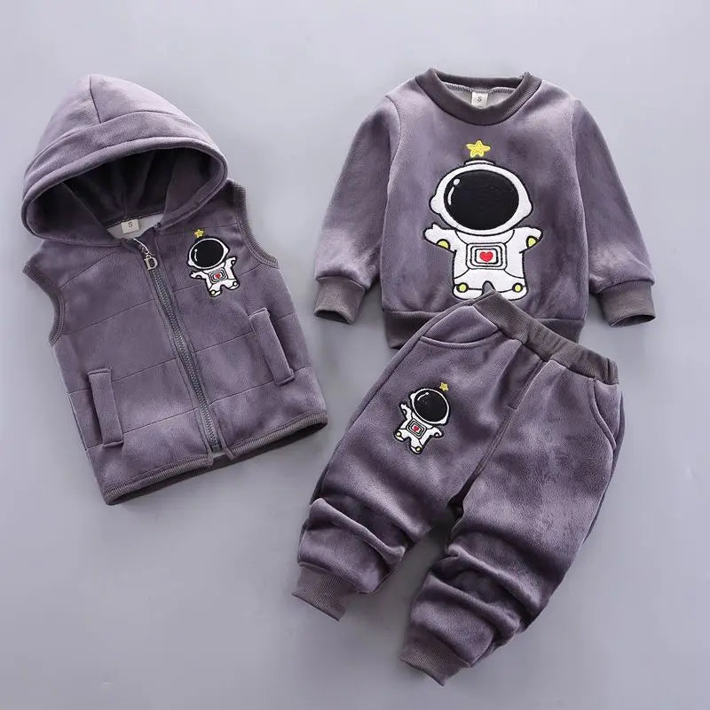 Baby Boys Clothes Sets Autumn Winter Thick Fleece Astronaut Hooded Vest Coat Pants 3Pcs for Kids Casual Outfits Girls Warm Suit