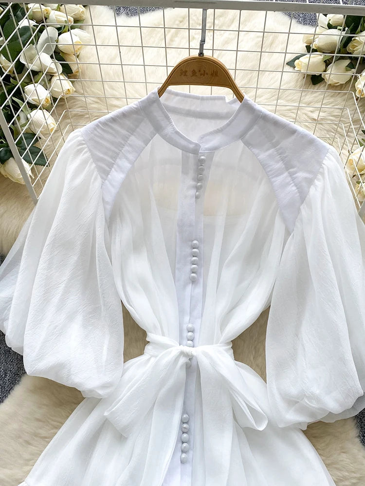 Summer Women's Puff Sleeve Shirt Dress Fashion Beach Vacation Party Birthday Blue White Exquisite Chiffon Mid Length Dress B06