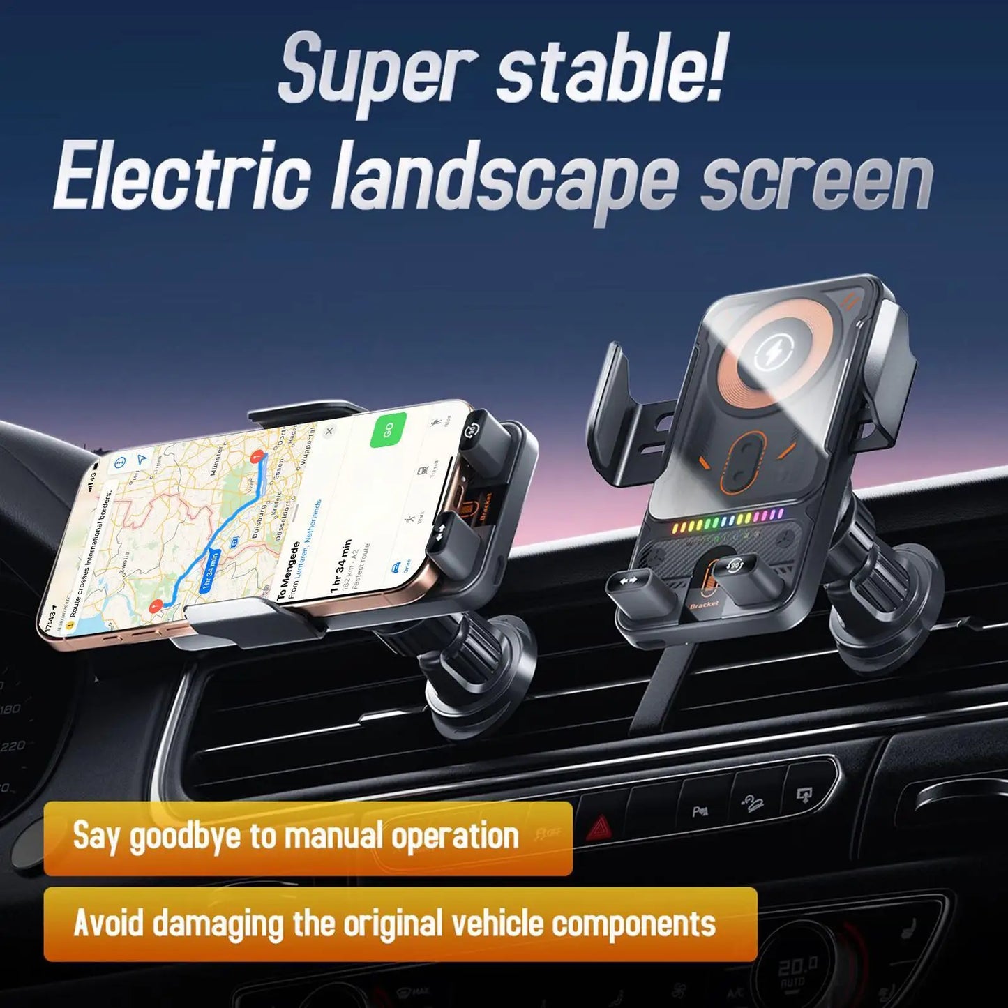 Car Holder With Dualed Motor Electric Rotating Opening Closing Mobile Phone Holder Wireless Fast Charging Phone Bracket