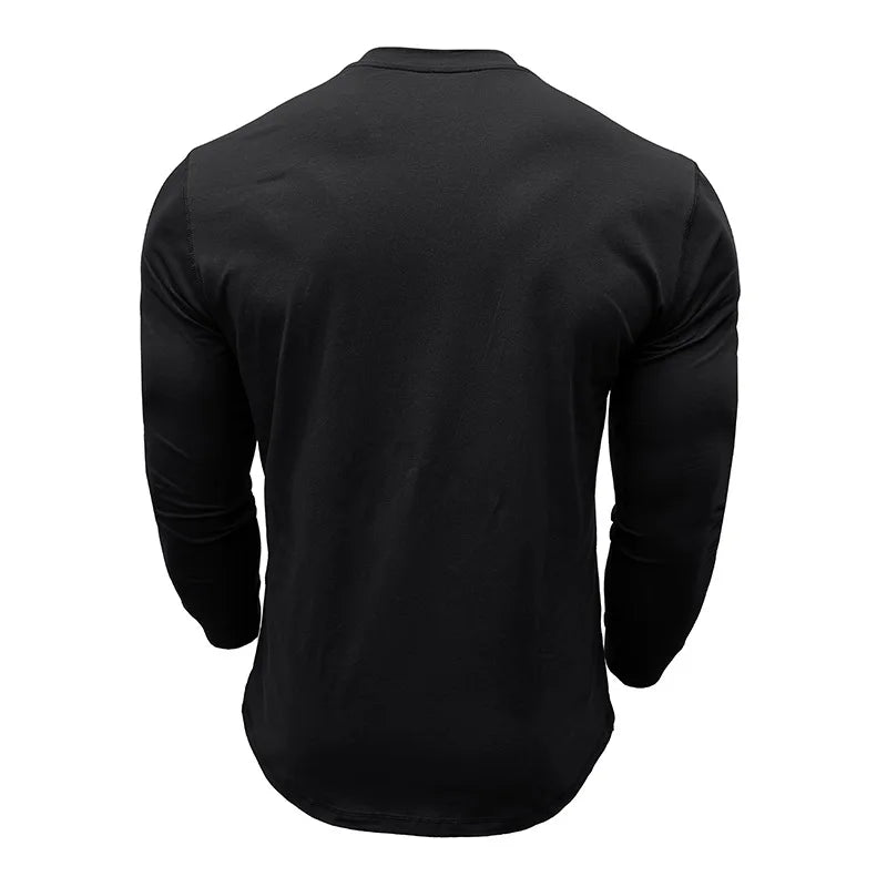 SHiONFA Spring Men's Long Sleeved T-shirt Casual Soft Cotton Base Shirt Placket Front Button Solid Color Pullover