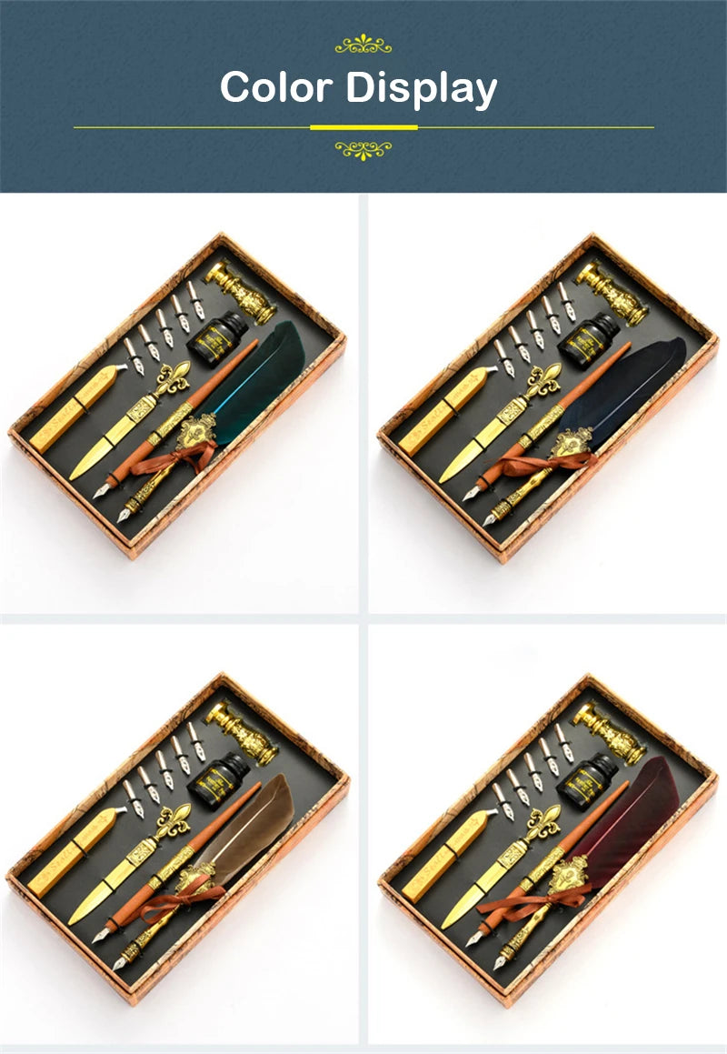 Sprinkling Gold Vintage Feather Pen Set Luxury Fountain Pen Ink Bottle Calligraphy Writing Dip Pen Nib Quill Birthday Gift Box