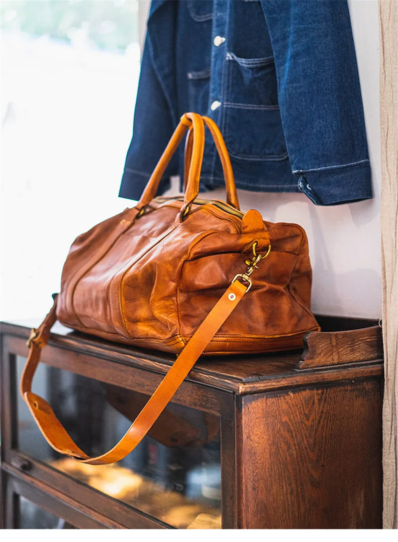 Vintage fashion luxury genuine leather men's travel bag outdoor weekend large capacity crossbody bag real cowhide women handbag