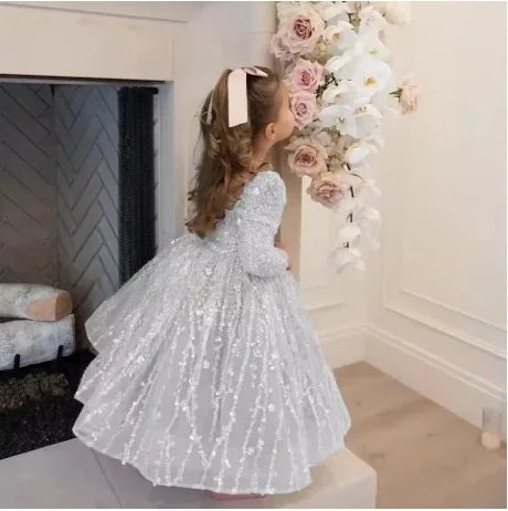 Custom Flower Girl Dress First Christmas Dress Wedding Party Gown Blush Pink Sequin Lace Long Sleeve Kids Evening Dress فسات