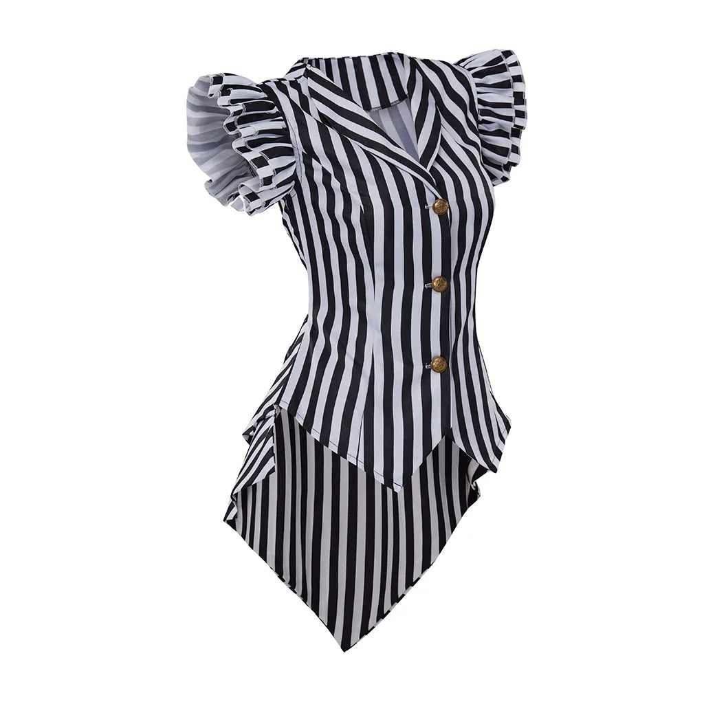 Halloween Costume Women Gothic Steampunk Coat Striped Lapel Collar Jacket Victorian Punk V Neck Flying Sleeve Jacket Tops Daily
