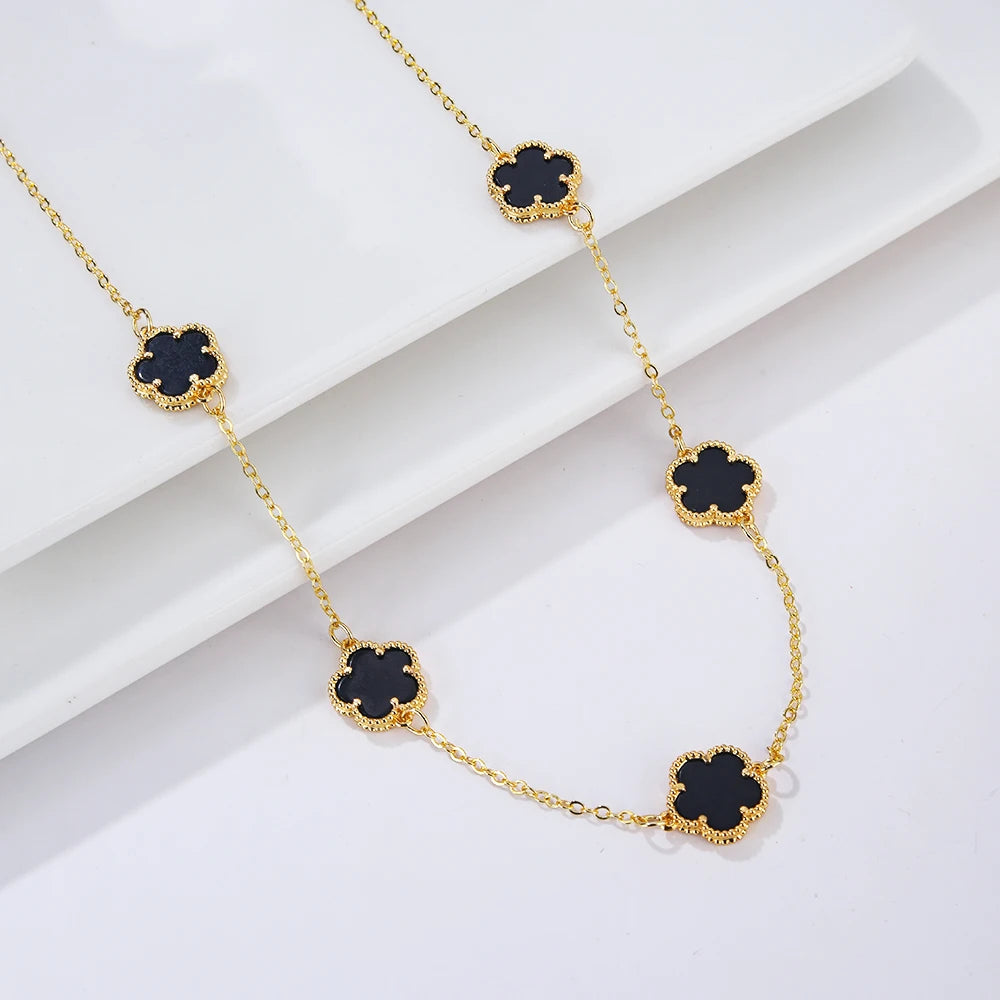 Double Sided Plum Blossom Natural Stone Hot Selling Plant Five Leaf Flower Pendant Necklace Collarbone Chain Woman Clover