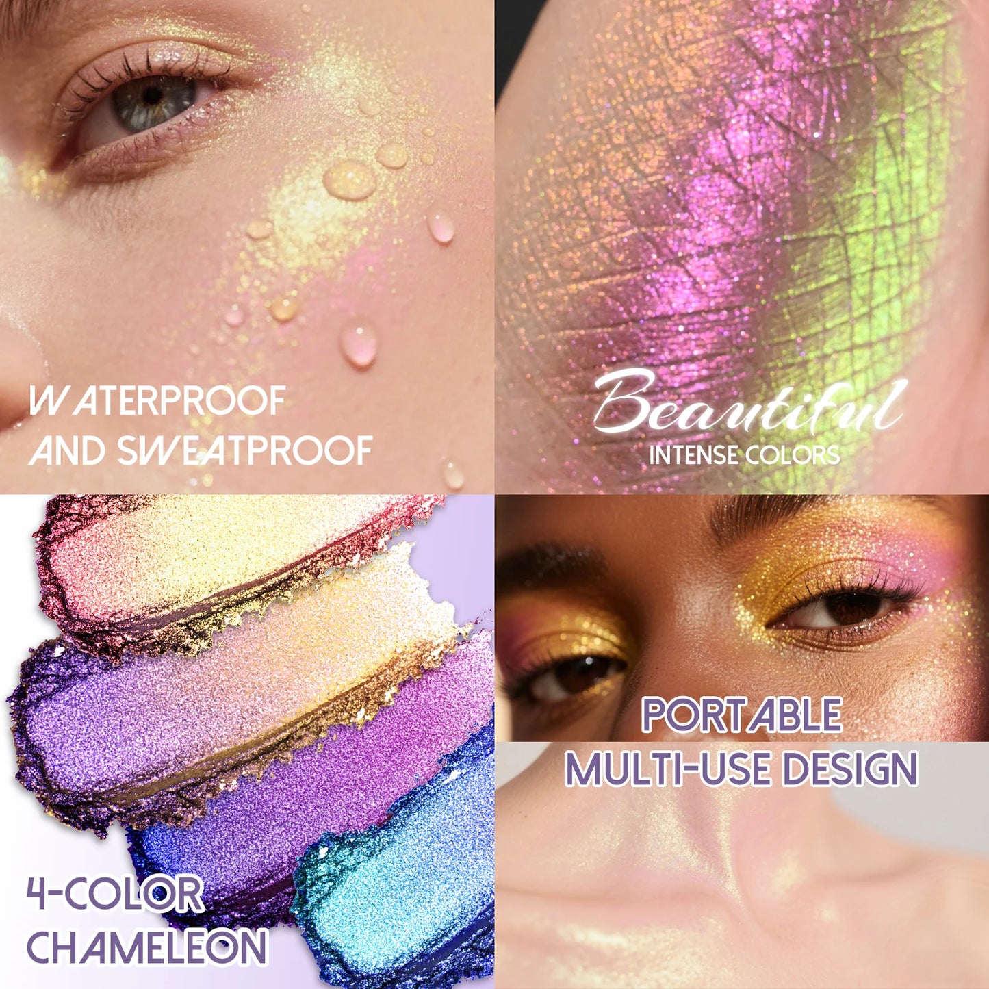 CHARMACY 4 Colors Duochrome Eyeshadow Palette High Pigment Vegan Glitter Multichrome Long-lasting Smooth Eye Shadow Makeup