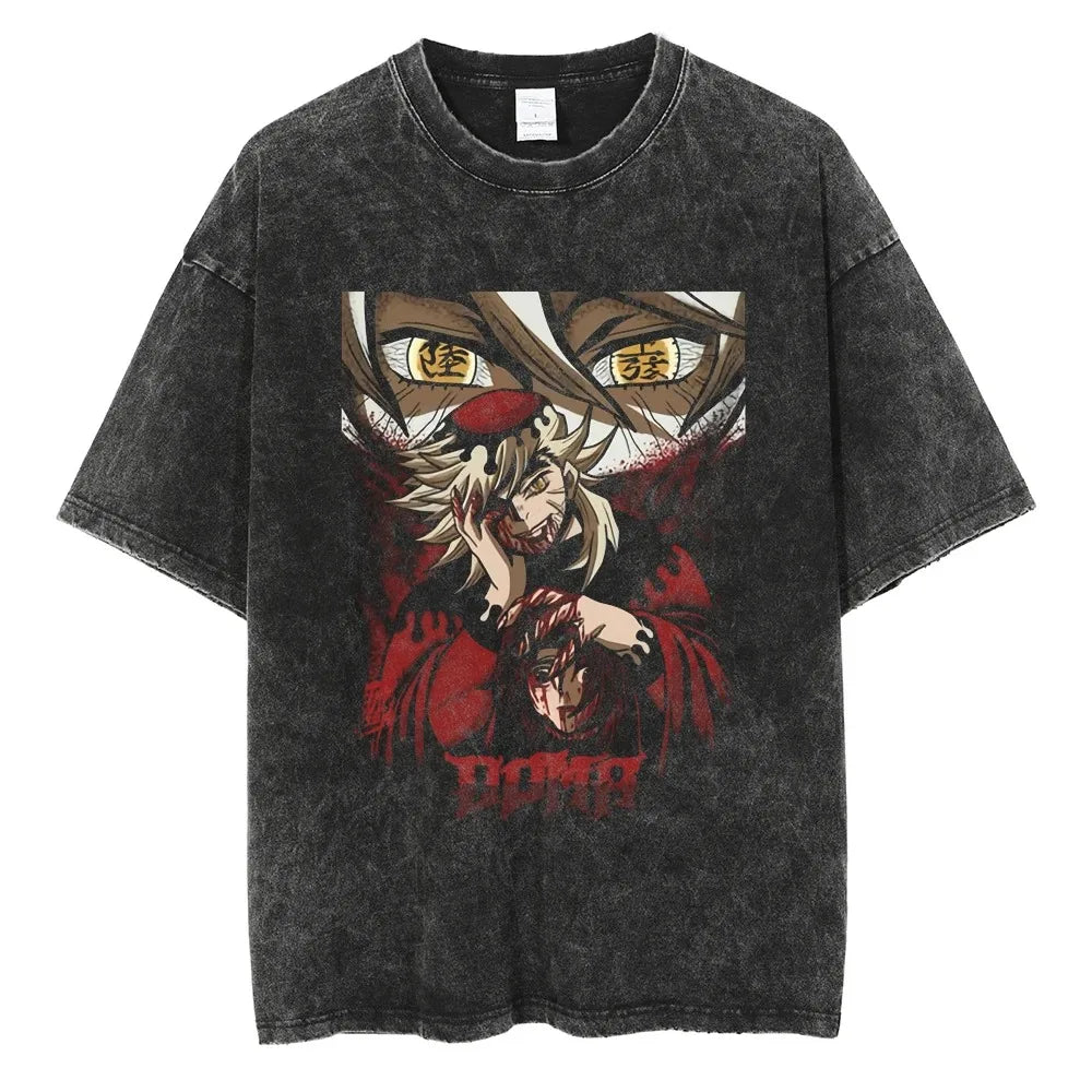 Hot Anime Demon Slayer Kokushibo Graphic T-Shirt Men Women Manga Tshirts Washed Cotton T Shirt Harajuku Unisex Vintage Top Tees