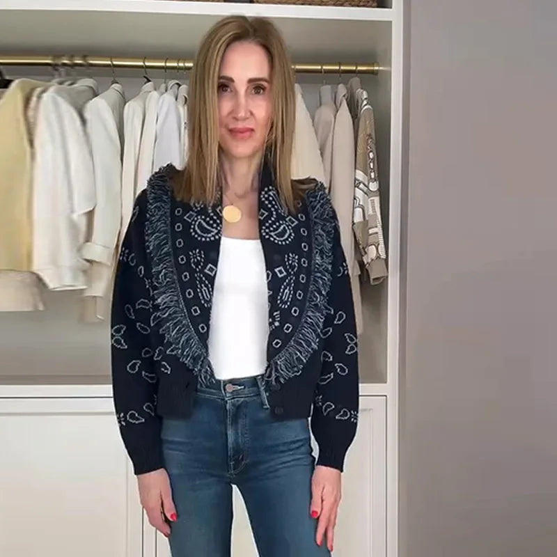 Women's Print Fringe Knitted Vest Coat Fashion Sleeveless Tie Waist Pocket Cardigan Sweater Lady 2025 Autumn Casual Outerwear