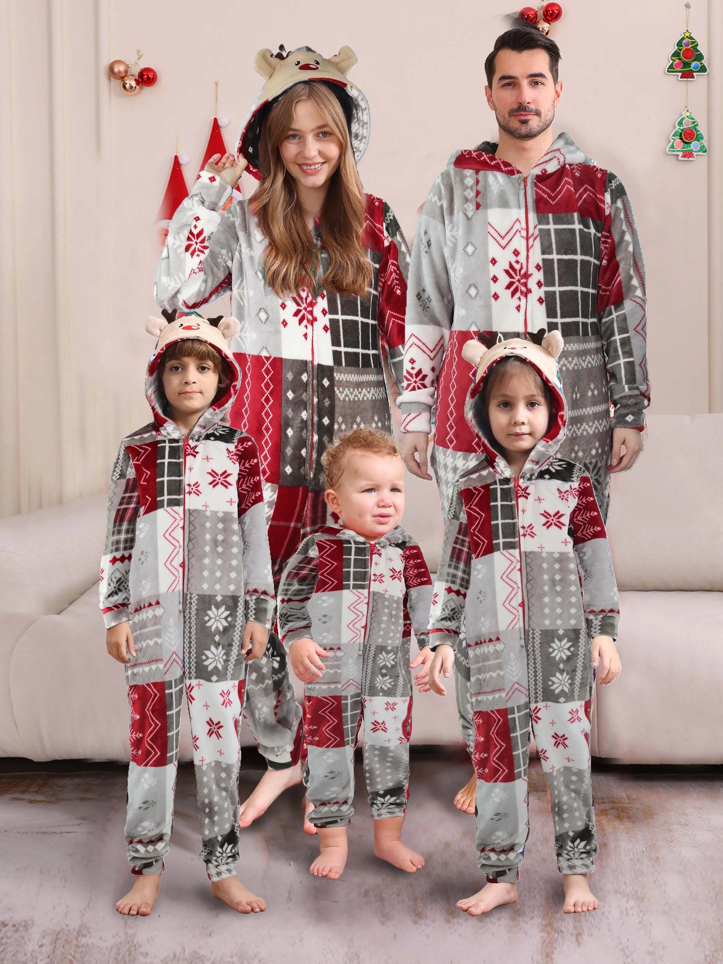 2025 Christmas Velvet Family Matching Clothing Set Zipper Hooded One-piece Jumpsuit Soft Loose Xmas Onesie Warm Thick Sleepwear