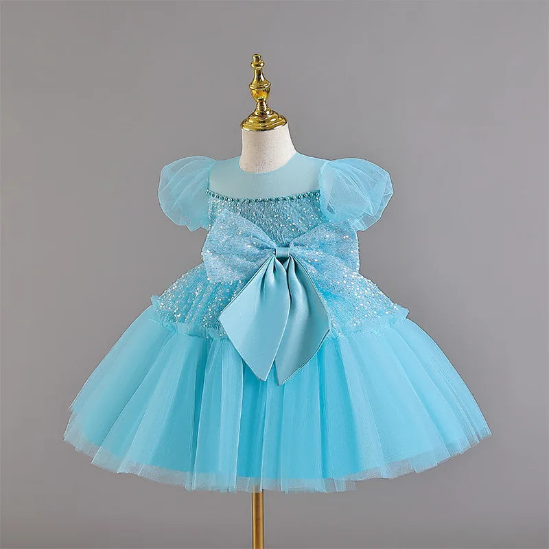 Summer clothing suitable for toddlers mesh large bow baby's first birthday ball dress white baby girl baptism dress