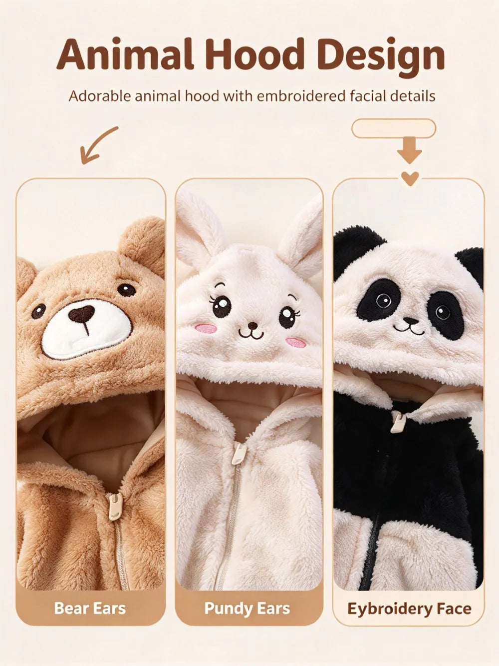Baby Animal Onesie 0-12M Panda Bunny Bear Hooded Plush Romper Soft Warm Coral Fleece Jumpsuit Newborn Bodysuit Winter Costume