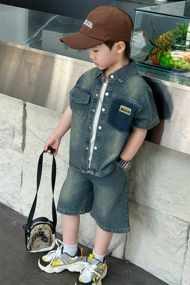 2025 Trendy Boys' Denim Set Vintage Wash Short Sleeve Shirt & Shorts 2-Piece Summer Outfit