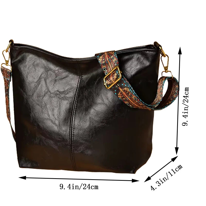 Fashion Minimalist Retro Leather Shoulder Tote, Trendy Printed Strap Design for Street Style and Weekend Outings
