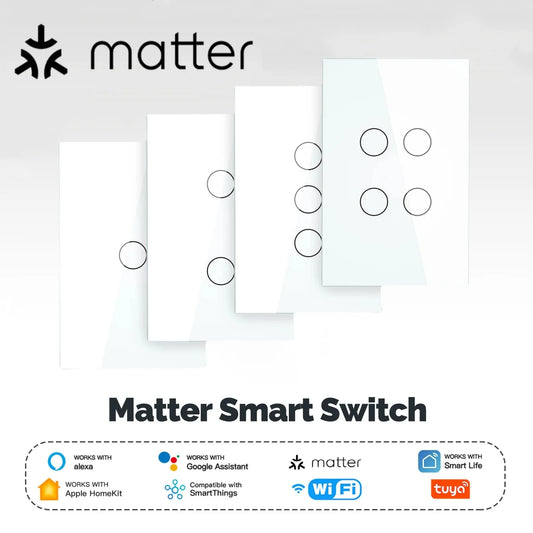 Matter Smart Switch Matter Light Switch Wifi Wall Switch Neutral Wire/No Neutral Wire 1/2/3/4 Gang US Touch Wall Light