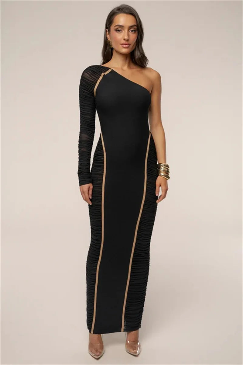 Mozision One Shoulder Backless Sexy Maxi Dress Women Gown Elegant Skew Collar Single Sleeve Ruched Bodycon Club Party Long Dress