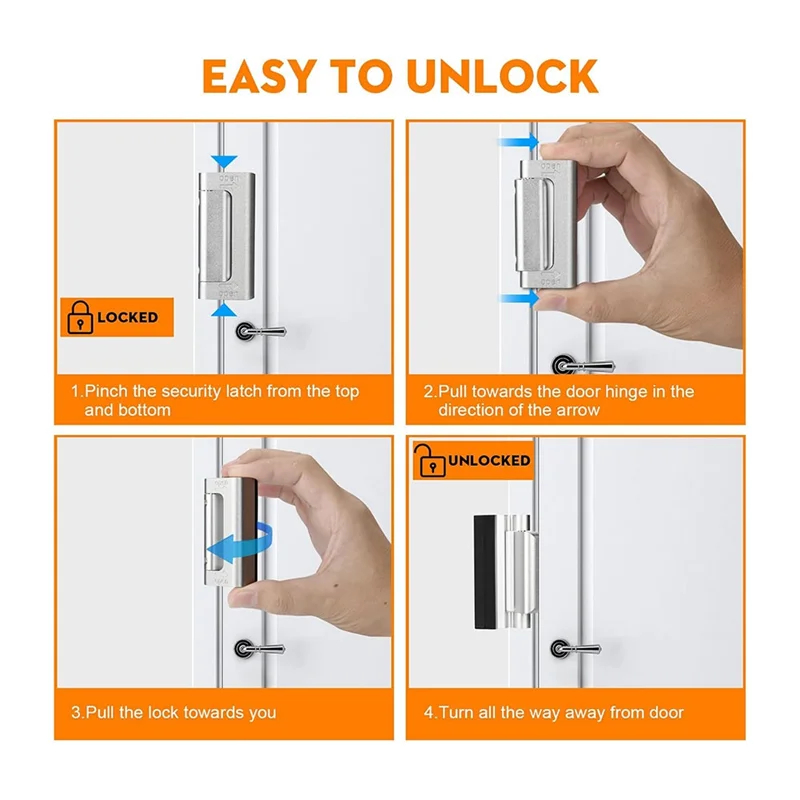 FULL-2Pack Home Security Door Reinforcement Lock Security Door Locks Home Prevent Unauthorized Entry Forkids Safety Silver