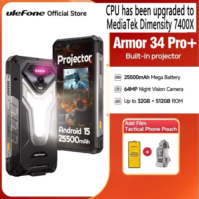 Ulefone Armor 34 Pro+5G AI Rugged Phone 32GB+512GB 25500mAh 6.95" Built-in Projector 120Hz Android 15 MTK 7300 NFC Smartphone