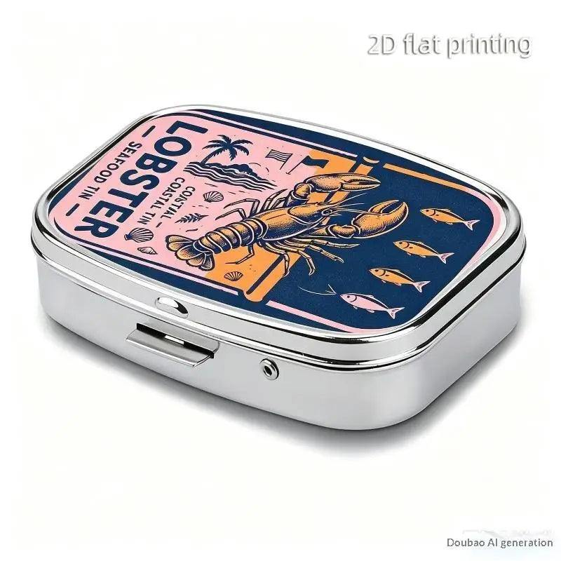【WA】LUCKY TUNA Sardines Print Metal Pill Box, Portable 2-Compartment Travel Pill Organizer For Vitamins & Pills