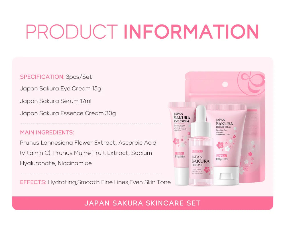 LAIKOU Sakura Skin Care Sets Facial Cleanser Face Cream Serum Toner Moisturizing Brightening Anti Wrinkles Kit