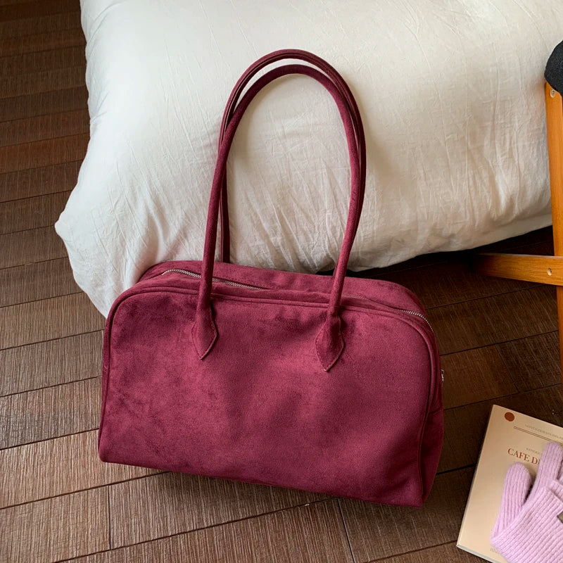 Vintage Women Business Shoulder Bags Simple Ladies Commute Tote Bag Suede Leather Female Underarm Bag Burgundy Large Handbags