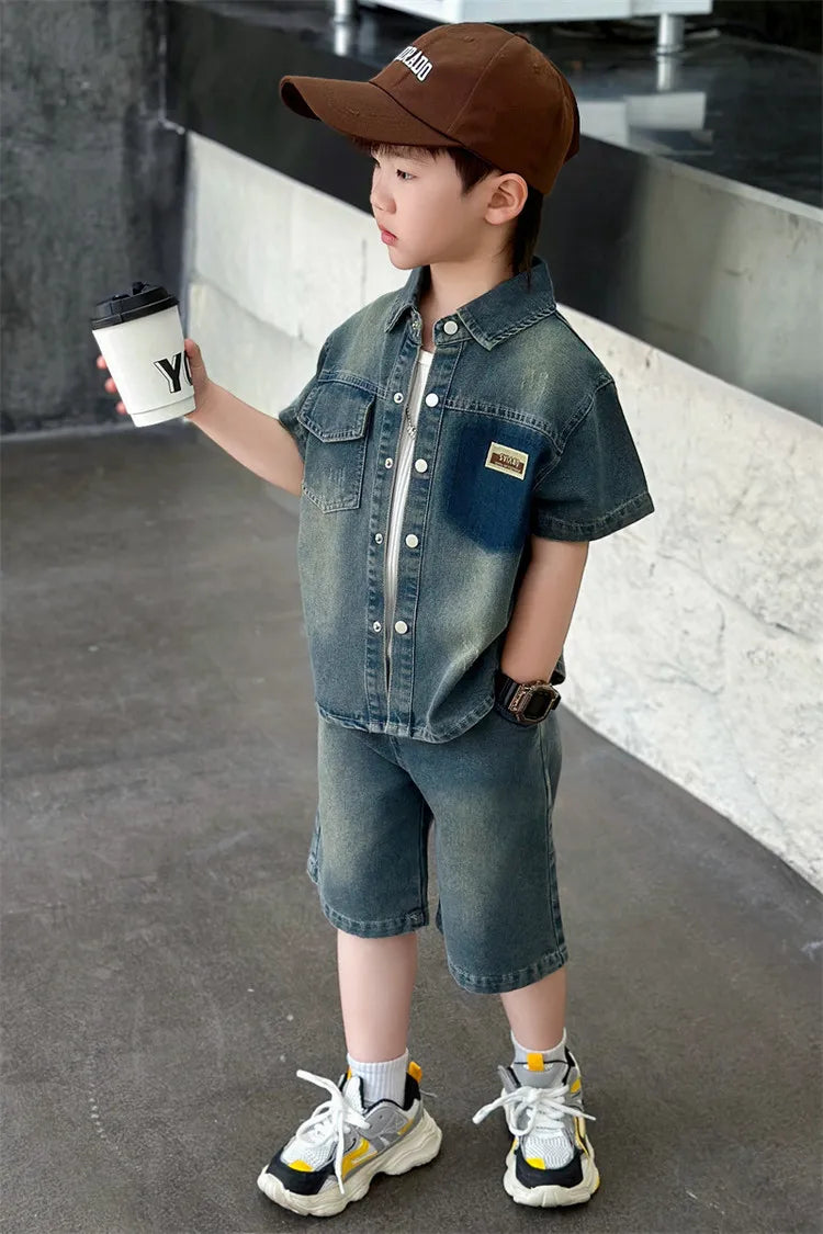 2025 Trendy Boys' Denim Set Vintage Wash Short Sleeve Shirt & Shorts 2-Piece Summer Outfit