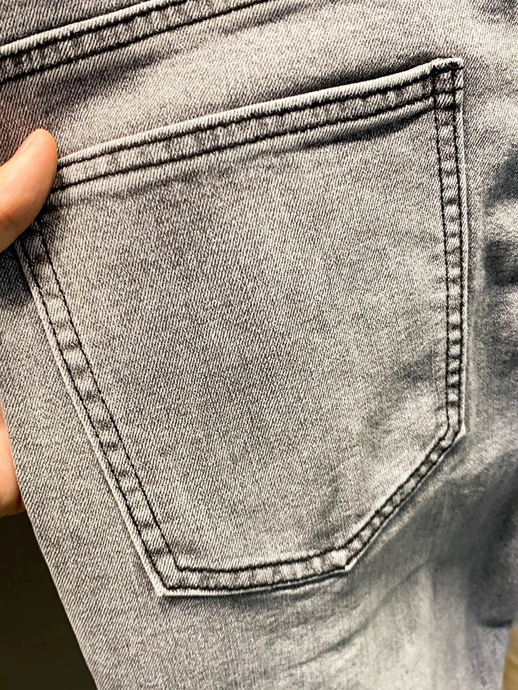 Summer ey e Nine-Ten Men's Jeans Sli Versatile Slim Fit Casual Cotton Stretch Fabric mid Waist Zipper Closure