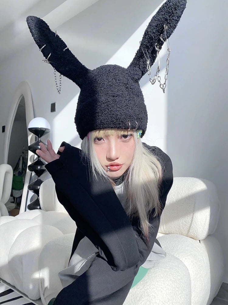 Gothic Grunge Rabbit Ear Hat Harajuku Y2k Punk Chain Pin Metal Ring Lambswool Black Hat Women Girls Winter Warm Chic Streetwear