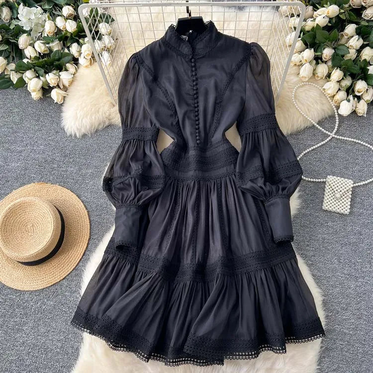 Luxury Vintage Women's Lace patchwork dress 2025 Spring Beach Long puff sleeve mini dresses White Black Lady vestidos 4D145