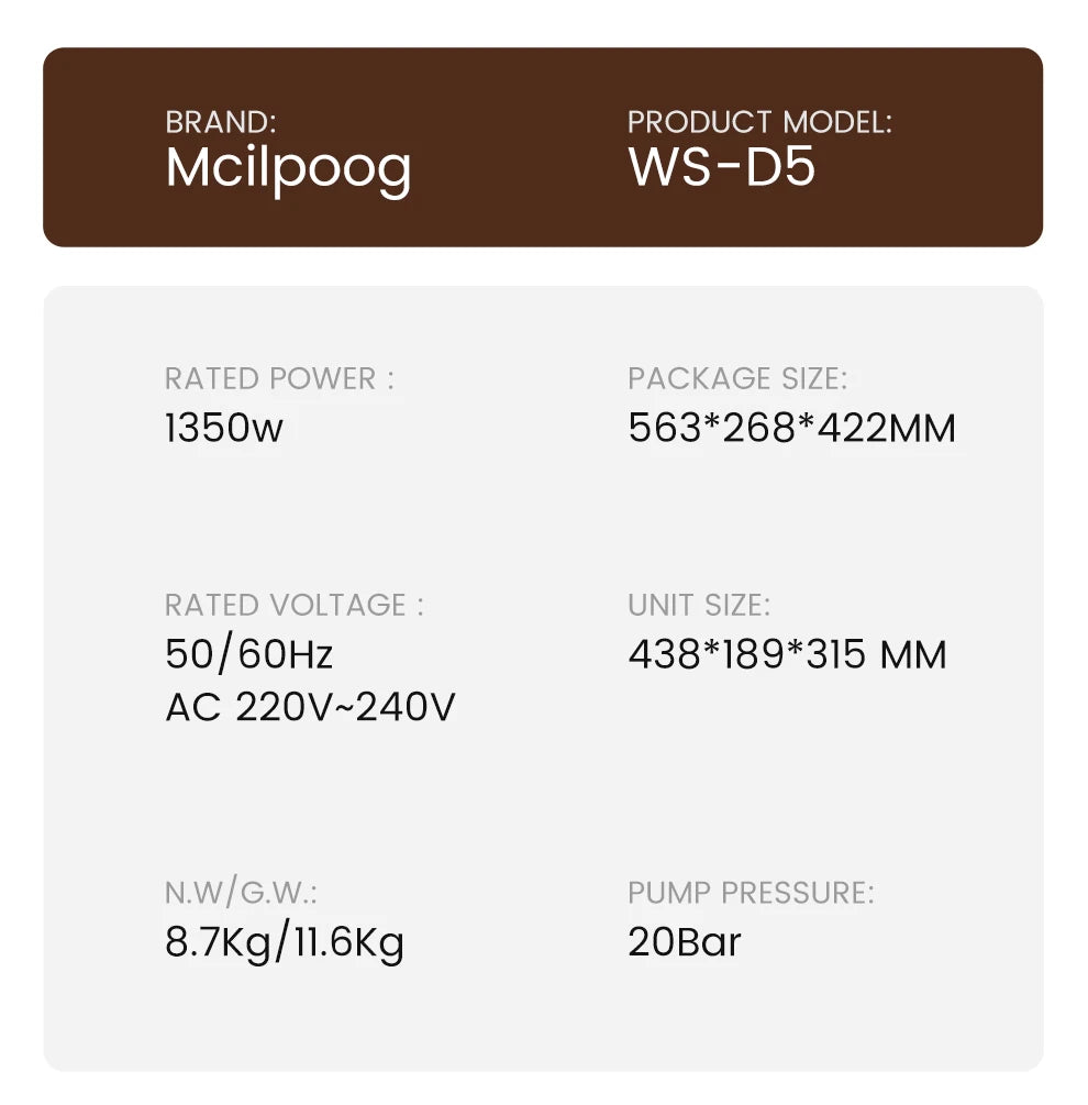 Mcilpoog WS-D5 Automatic Coffee Machine - Smart Wi-Fi , 12 Coffee Varieties, Touchscreen & Built-In Frother/1.5L Tank for Home