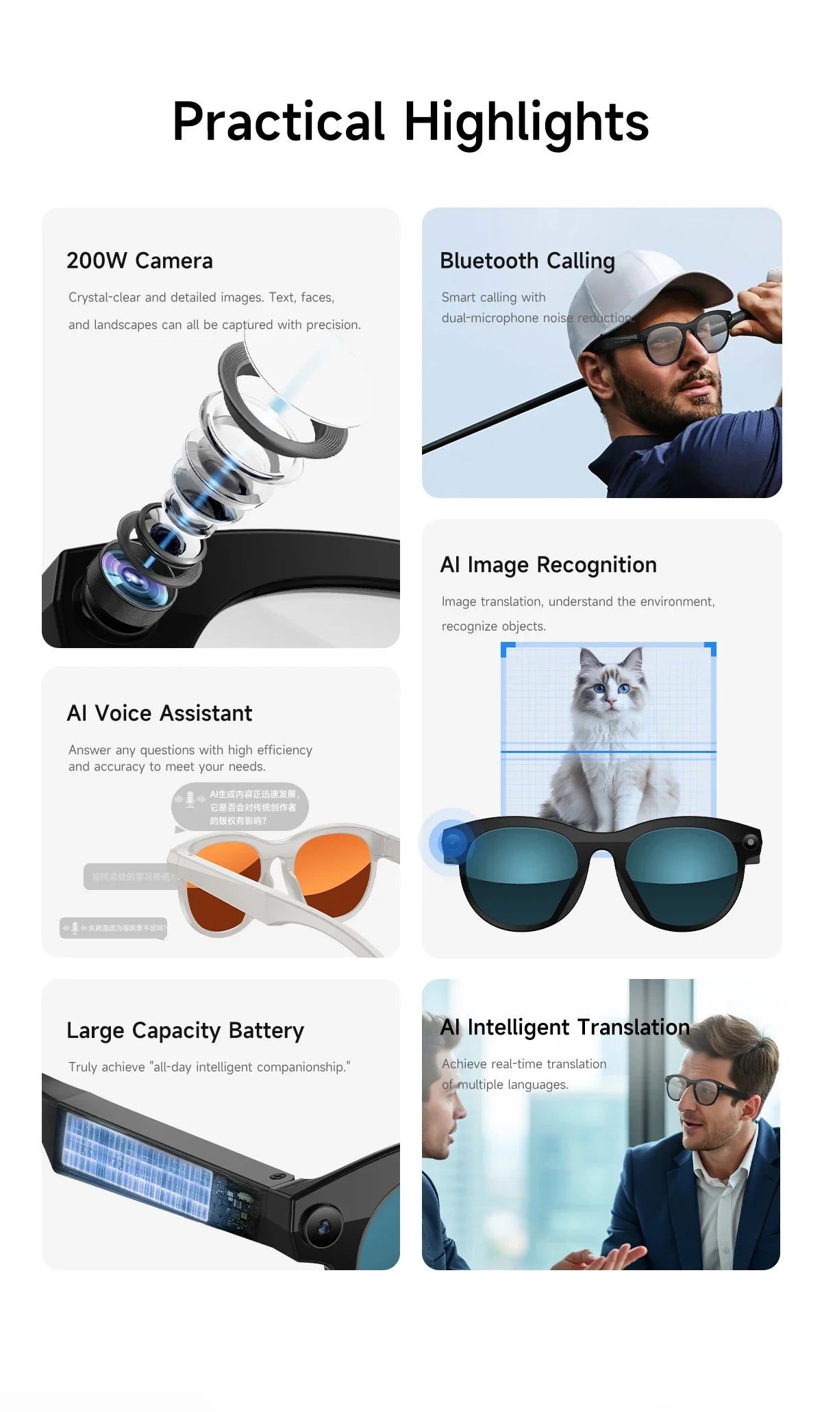 New HD AI Smart Glasses Intelligent Camera Shooting Translation Bluetooth Call LED Flashlight Intelligent Recognition Sunglasses