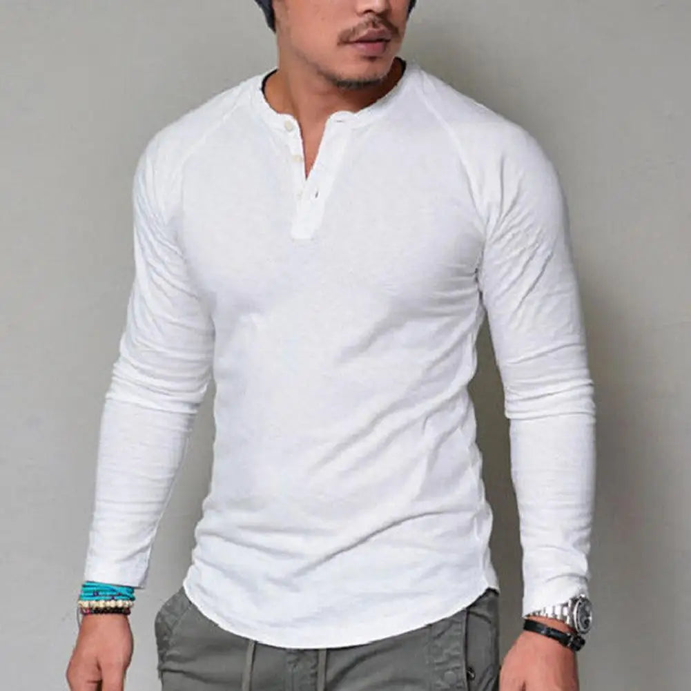 Men Cotton T-shirt All Match O Neck Buttons Slim Long Sleeve Men T-shirt T-shirt Breathable Cotton O Neck Blouse Male Autumn Tee