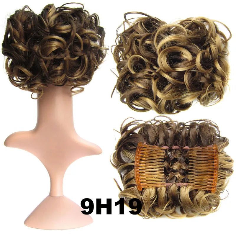 Synthetic Curly Messy Bun With Combs Scrunchie Chignon Dish Hair Bun Extension Clip in Hair Bun Hairpiece for Women Girls