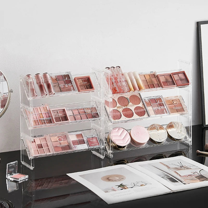 3-Layer Acrylic Cosmetics Rack: Eyeshadow/Blush Tray + Desktop Sundries/Toys Organizer