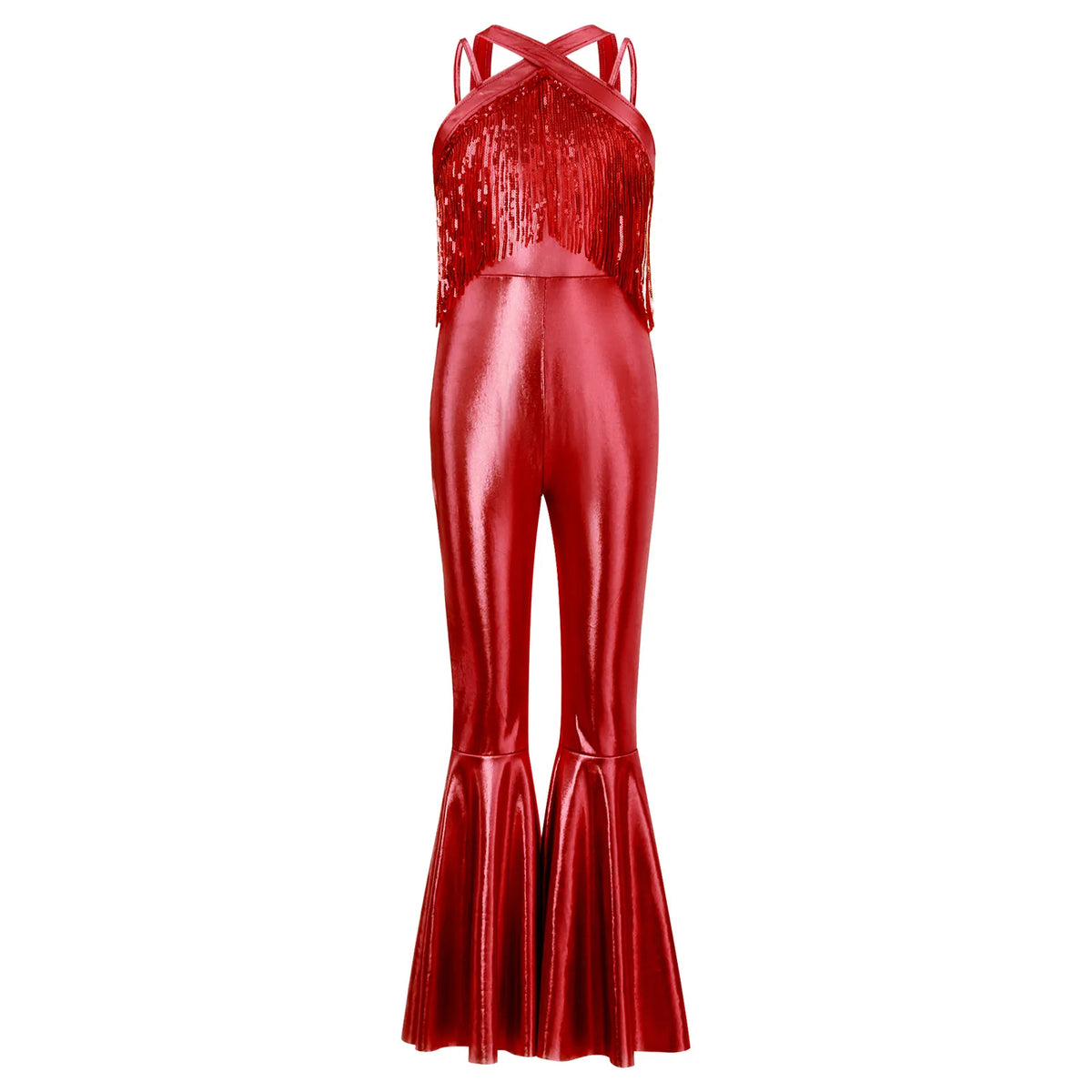 Kids Girls Hippie Halloween Costume Tassels Unitard Bell-bottom Long Pants Bodysuit Jumpsuit Disco Dance 60s 70s Rave Party Wear