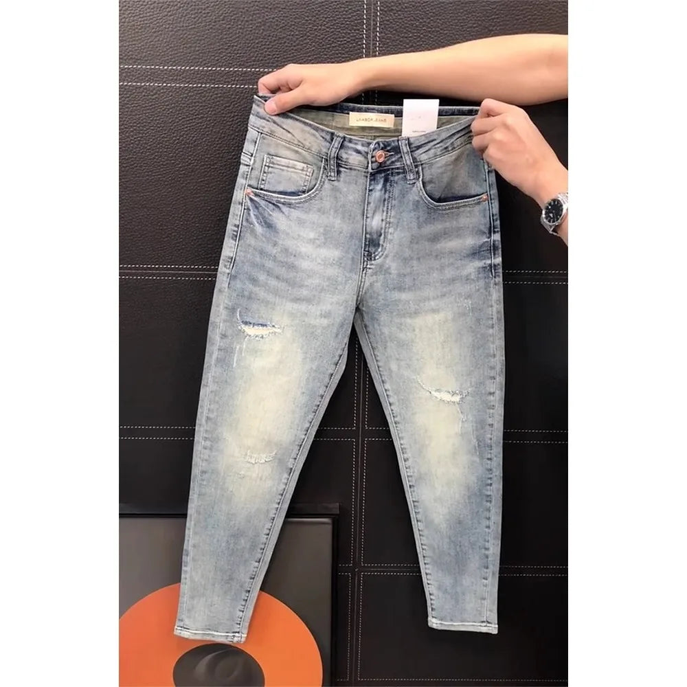 Ele Men's Slim Fit Jeans Elastic Casual Pants Lightweight Luxury Faion Embroidery Summer New Sle European Faion