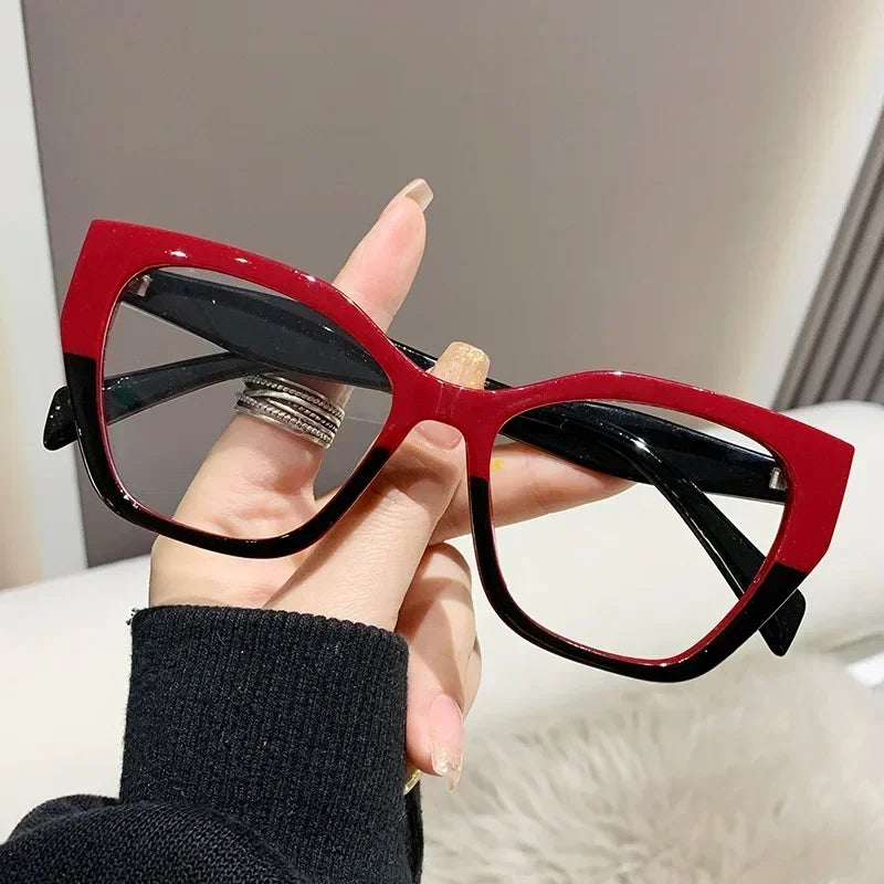 Women's Fashion Glasses Anti-Blue Light Trendy Luxury Large Frame Cat Eye Presbyopia Glasses Full Frame Premium Color Blocked