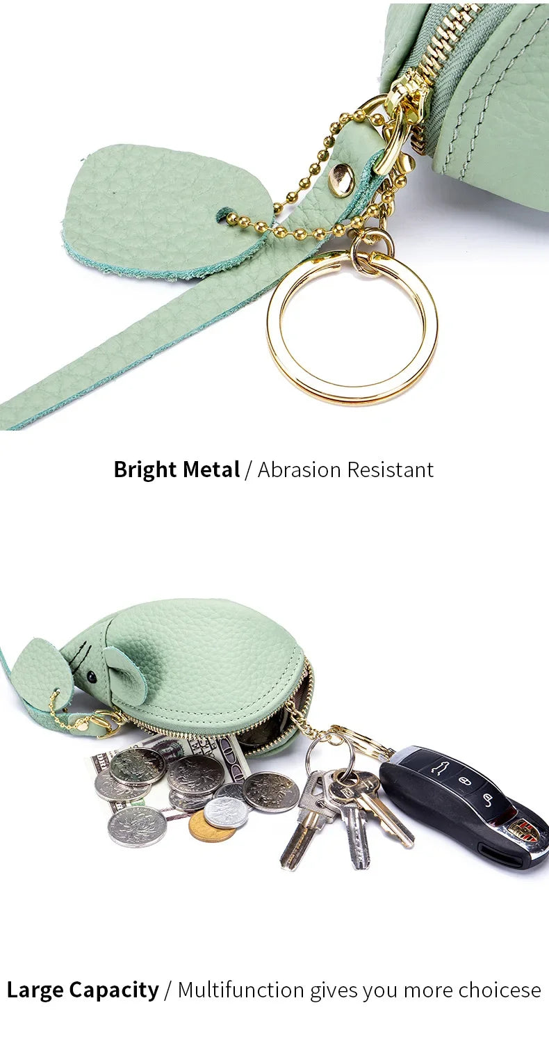 Women's Leather Mini Coin Pouch - Cute Mouse Keyring Lipstick Clutch Bag with Pendant Charm for Gift Essentials